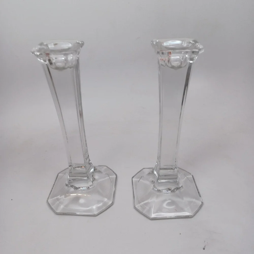 Vintage Clear Crystal Glass Hexagonal Base Taper Candlestick Holders Pair 7.75in